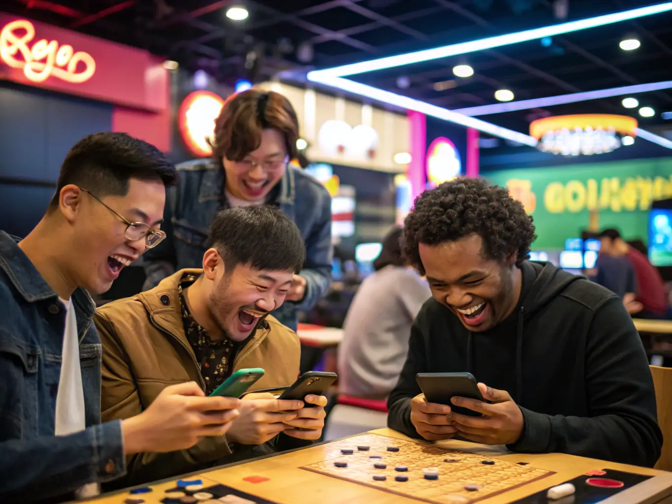 An image of a diverse group of players enjoying the Yihao Platform Registration game in a physical club setting in mainland China. The image should convey a sense of community and international appeal.